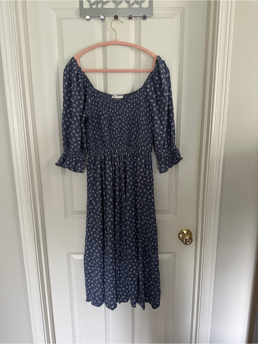 Neuflora Blue Floral Midi Dress with Smocked Bodice and Ruffled Cuffs
